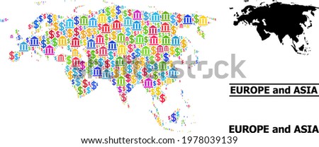 Vibrant banking and dollar mosaic and solid map of Europe and Asia. Map of Europe and Asia vector mosaic for promotion campaigns and promotion.