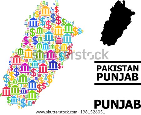 Colorful bank and dollar mosaic and solid map of Punjab Province. Map of Punjab Province vector mosaic for business campaigns and proclamations.