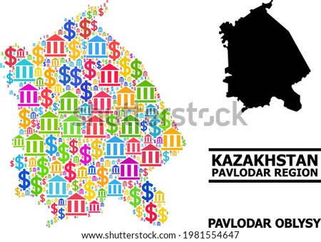 Colored bank and money mosaic and solid map of Pavlodar Region. Map of Pavlodar Region vector mosaic for business campaigns and agitprop.