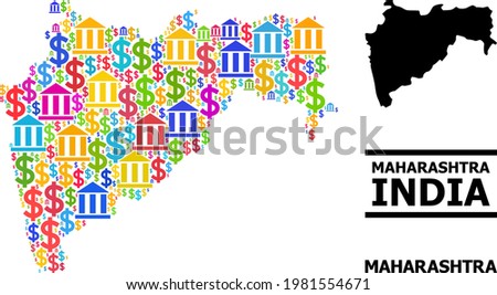 Vibrant bank and economics mosaic and solid map of Maharashtra State. Map of Maharashtra State vector mosaic for promotion campaigns and promotion.