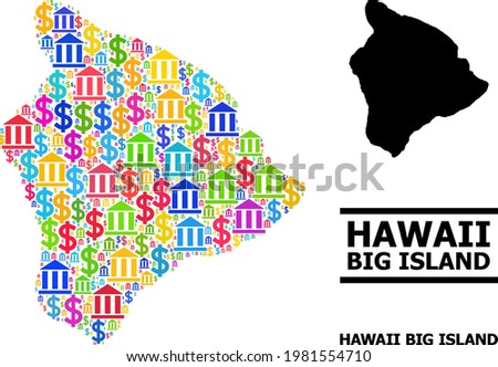 Bright colored bank and business mosaic and solid map of Hawaii Big Island. Map of Hawaii Big Island vector mosaic for ads campaigns and promotion.