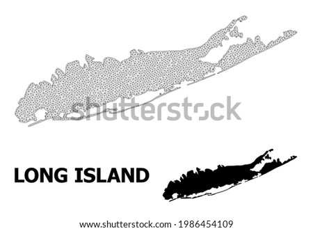 Polygonal mesh map of Long Island in high detail resolution. Mesh lines, triangles and points form map of Long Island.