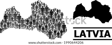 Map of Latvia for political agitation. Vector demographics abstraction. Abstraction map of Latvia organized of crowd pictograms. Demographic scheme in dark gray color variations.