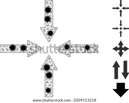 Mesh shrink arrows polygonal icon vector illustration, with black coronavirus nodes. Carcass model is created from shrink arrows flat icon, with virus nodes and triangle mesh.