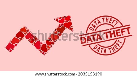 Scratched Data Theft seal, and red love heart mosaic for trend up arrow. Red round seal contains Data Theft title inside circle. Trend up arrow mosaic is constructed from red amour symbols.