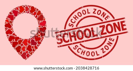 Textured School Zone stamp seal, and red love heart pattern for map pointer. Red round stamp seal includes School Zone caption inside circle. Map pointer mosaic is made of red romance symbols.