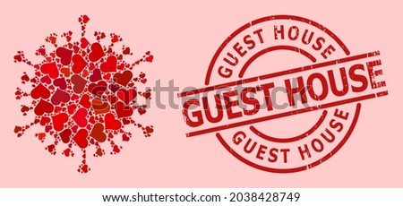 Scratched Guest House stamp, and red love heart collage for covid virus. Red round stamp contains Guest House title inside circle. Covid virus collage is composed of red romantic icons.