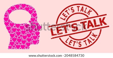 Distress Let'S Talk stamp, and pink love heart collage for thinking. Red round stamp seal has Let'S Talk tag inside circle. Thinking collage is composed of pink valentine symbols.