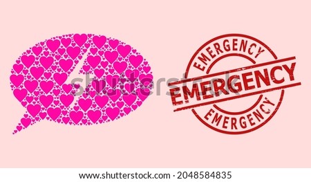 Textured Emergency stamp seal, and pink love heart collage for emergency message. Red round stamp seal includes Emergency tag inside circle.