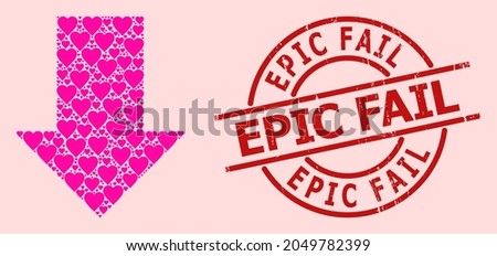 Textured Epic Fail stamp seal, and pink love heart pattern for fall down arrow. Red round stamp seal has Epic Fail tag inside circle. Fall down arrow mosaic is made from pink dating elements.