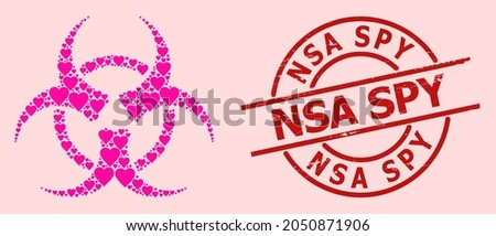 Textured NSA Spy stamp seal, and pink love heart collage for biohazard. Red round stamp seal includes NSA Spy title inside circle. Biohazard collage is organized with pink dating icons.