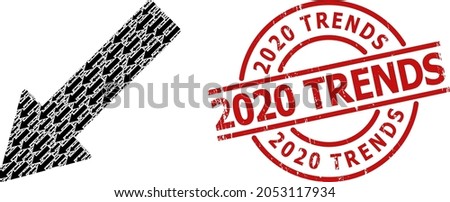 Red round seal has 2020 Trends text inside circle. Vector left down arrow composition is done from randomized recursive left down arrow elements. Rubber 2020 Trends imprint,