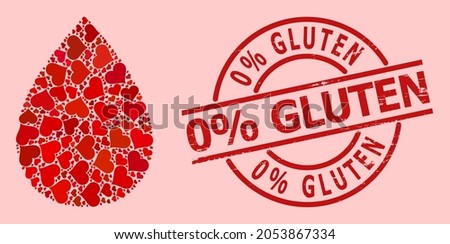 Distress 0 percent Gluten stamp seal, and red love heart mosaic for water drop. Red round stamp seal includes 0 percent Gluten text inside circle. Water drop collage is created from red romantic