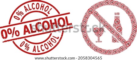 Red round stamp seal includes 0 Percent Alcohol caption inside circle. Vector forbid alcohol fractal is composed of repeating fractal forbid alcohol parts. Distress 0 Percent Alcohol seal,