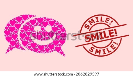 Distress Smile exclamation stamp, and pink love heart mosaic for happy chat. Red round stamp seal has Smile exclamation title inside circle. Happy chat mosaic is formed of pink romantic elements.