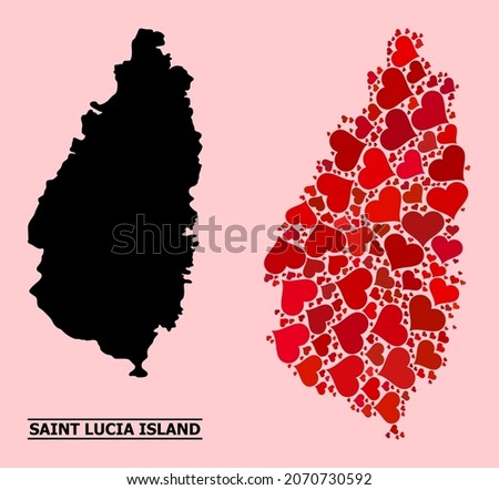 Love collage and solid map of Saint Lucia Island on a pink background. Mosaic map of Saint Lucia Island designed with red lovely hearts. Vector flat illustration for dating conceptual illustrations.