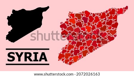 Love collage and solid map of Syria on a pink background. Mosaic map of Syria is designed with red lovely hearts. Vector flat illustration for love abstract illustrations.