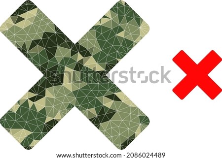 Camouflage lowpoly collage reject cross icon. Low-poly reject cross icon is designed from random camouflage filled triangle parts. Vector reject cross icon designed in khaki army style.
