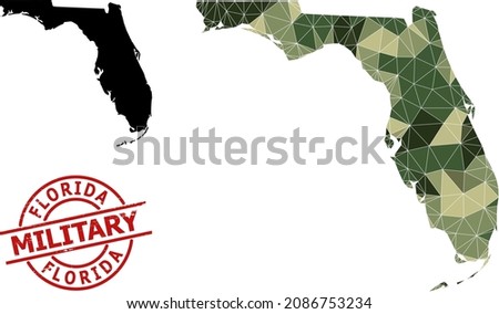 Low-Poly mosaic map of Florida State, and rubber military rubber seal. Low-poly map of Florida State is designed from random camouflage color triangles.