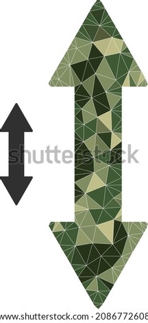 Camouflage low-poly collage vertical exchange arrow icon. Low-poly vertical exchange arrow pictogram constructed of randomized camouflage color triangle parts.