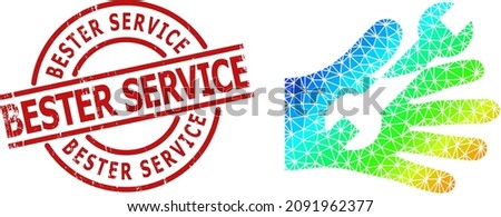 BESTER SERVICE scratched stamp and low-poly spectral colored wrench service hand icon with gradient. Red stamp includes BESTER SERVICE tag inside circle and lines shape.