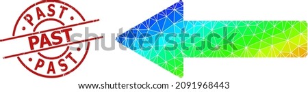 Past rubber stamp print, and low-poly rainbow colored left arrow icon with gradient. Red stamp contains Past text inside round and lines form. Triangulated left arrow polygonal icon illustration.