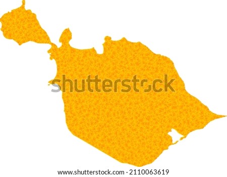 Vector Golden map of Heard and McDonald Islands. Map of Heard and McDonald Islands is isolated on a white background. Golden particles mosaic based on solid yellow map of Heard and McDonald Islands.