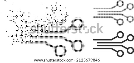 Fractured dot electrical connectors vector icon with destruction effect, and original vector image. Pixel disintegrating effect for electrical connectors shows speed and motion of cyberspace objects.