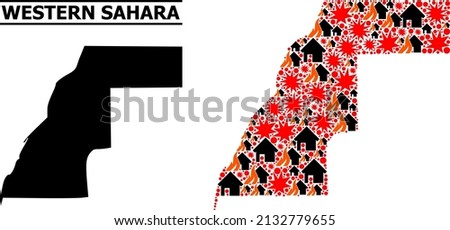 War collage vector map of Western Sahara. Geographic collage map of Western Sahara is done with scattered fire, destruction, bangs, burn realty, strikes. Vector flat illustration for war projects.