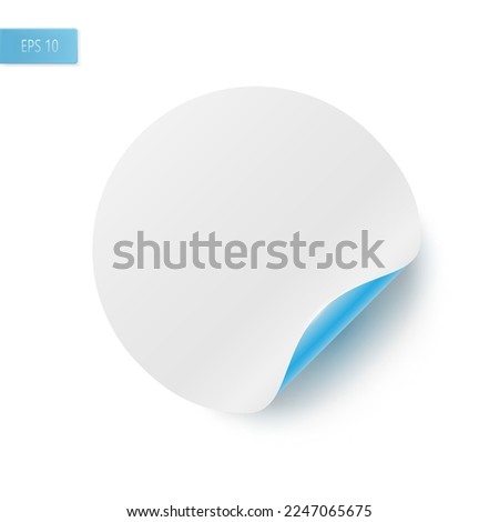 Paper round sticker with a curved bottom corner on a transparent background. A round sheet for notes with a fold with a blue reverse side. Realistic advertising tag. Vector illustration