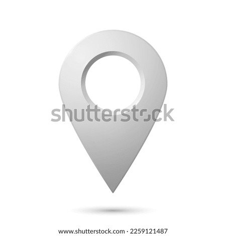 The geolocation icon is silver with highlights and shadows on a white background. Realistic geolocation map pin code icon. Vector EPS 10.