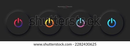A set of four black round buttons with colored power symbols. User interface elements for mobile devices in the style of neumorphism, UI, UX. Vector EPS 10.