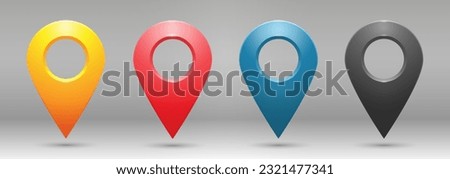 Realistic colored geolocation icons on a gray gradient background. A set of four pin-code icons of the geolocation map. Vector illustration.