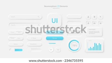 A collection of icons for user interface development in white and blue. A set of user interface elements for a mobile application. Buttons for mobile devices in the style of neumorphism, UI, UX