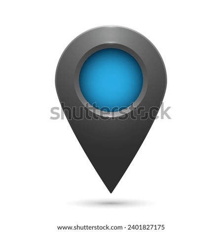 The geolocation icon is gray with highlights and a blue insert on a white background. Realistic geolocation map pin code icon. Vector EPS 10.
