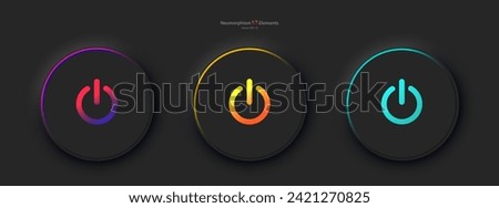 A set of three round buttons with the power symbol in black. User interface elements for mobile devices in the style of neumorphism, UI, UX. Vector EPS 10.