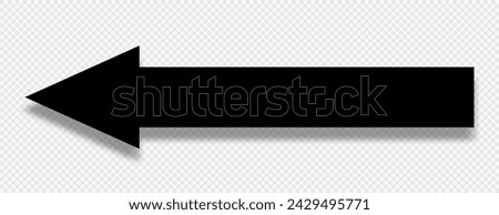 A large black icon with a solid long arrow pointing left on a transparent background. Arrow icon, pointer, road sign. Vector EPS 10.