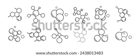 A set of twelve molecular formulas, chemical compounds on a white background. Molecular structure, molecular formula models for modern emblems and badges. Vector EPS 10.