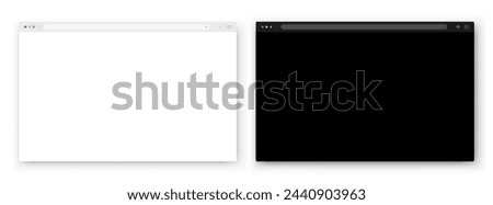 A set of browser window in white and black on a white background. Website layout with search bar, toolbar and buttons. Vector EPS 10.