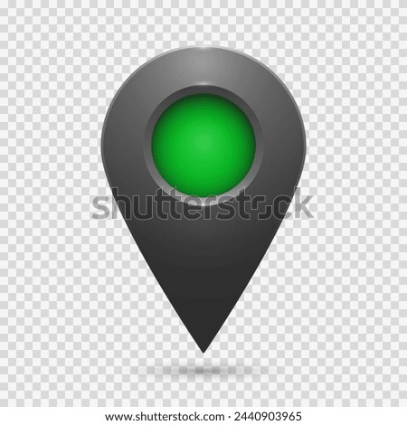 Realistic geolocation map pin code icon. The geolocation icon is dark gray with highlights, shadows and a green insert on a transparent background. Vector EPS 10.
