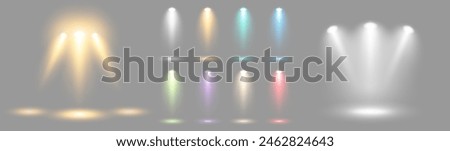 A large set of colored luminous transparent lighting effects on a gray background. An illuminated stage, a collection of spotlights. Studio lighting. Vector EPS 10.