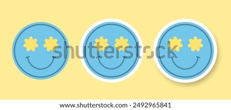 A set of stickers with face floral eyes on a yellow background. Stickers with a smiley face and a shadow. Cartoon retro style. Vector illustration.