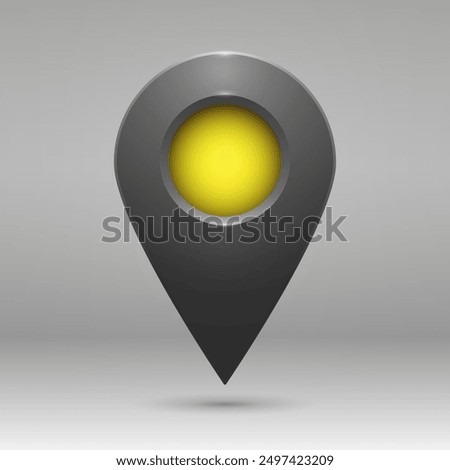 Realistic geolocation map pin code icon. The geolocation icon is dark gray with highlights, shadows and a yellow insert on a gradient background. Vector EPS 10.