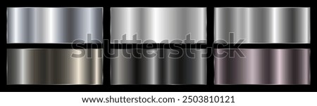 A set of dark silver and black metallic gradients on a black background. Metallic gradient effects for the design of text and bulletin boards, infographics. Metal banner. Vector illustration.