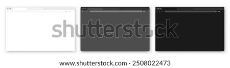 Browser windows. A set of realistic empty browser windows in white, gray and black with a toolbar, search bar and shadow on a blue white background. Vector EPS 10.