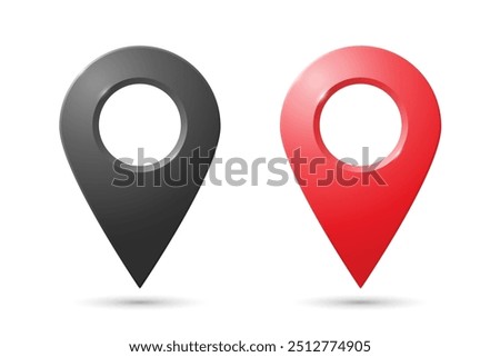 Realistic geolocation icons in red and black on a white background. A set of geolocation map pin code icons. Vector EPS 10.