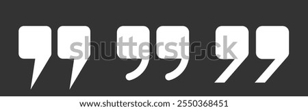 Quotation marks, a set of three isolated black vector icons in the form of square-shaped quotation marks on a white background. Double commas, speech signs icons. Vector EPS 10.