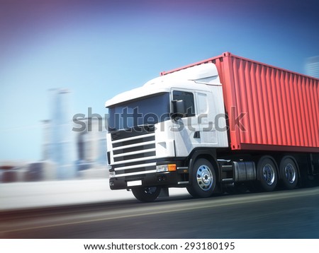 White truck with Red cargo container on blurry asphalt road with city