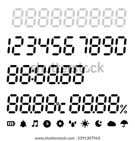 Set of digital display numbers and icons (time, temperature, humidity)