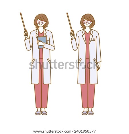 A set of poses of a female doctor wearing a white coat and glasses pointing at an instruction stick (full body)